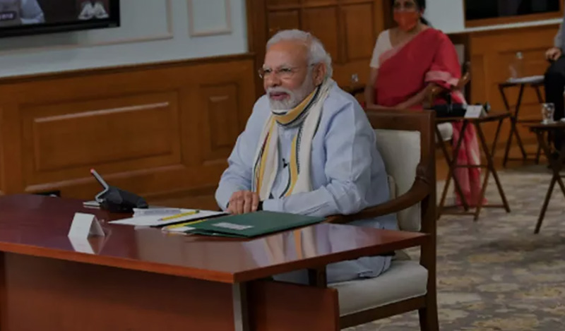 ༢༠༢༠་ལོའི་ཟླ་༥་ཚེས་༡༡་ཉིན། རྒྱ་གར་གྱི་སྲིད་བློན་མོ་ཌི་མཆོག་གིས་མངའ་སྡེའི་བློན་ཆེན་རྣམ་པ་དང་མཉམ་དུ་དྲ་ཐོག་ནས་ཚོགས་འདུ་འཚོགས་སྐབས།